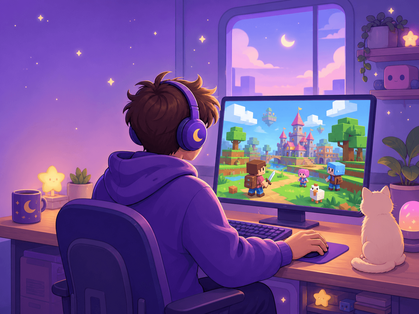 Illustration of a game builder in a purple hoodie creating a colorful game late at night